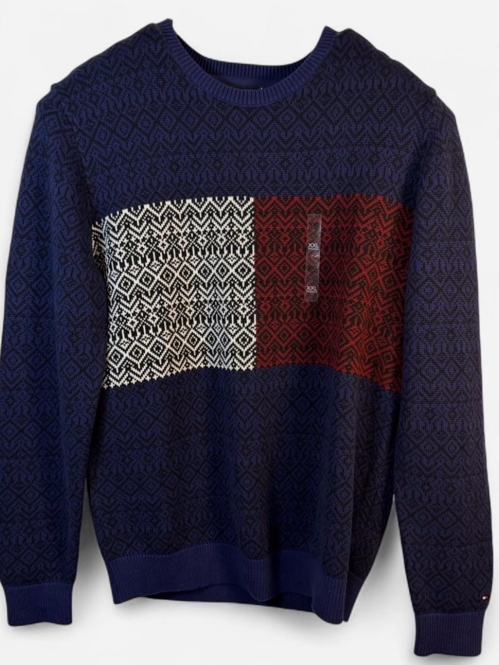 NWT - Tommy Hilfiger Navy Crewneck Sweater with Cream and Burgundy Panels-XXL